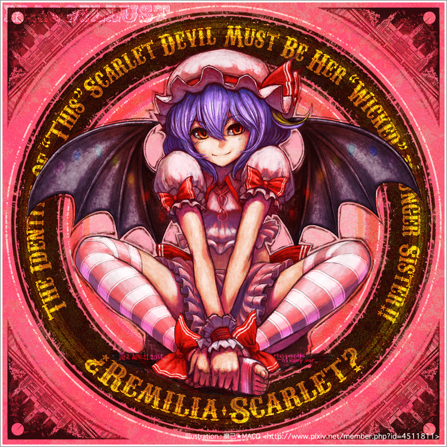 1girl bat_wings blue_hair english full_body hat knees_apart_feet_together light_smile looking_at_viewer maco_(macoillust) red_eyes remilia_scarlet short_hair sitting solo striped striped_legwear thighhighs touhou v_arms watermark web_address wings