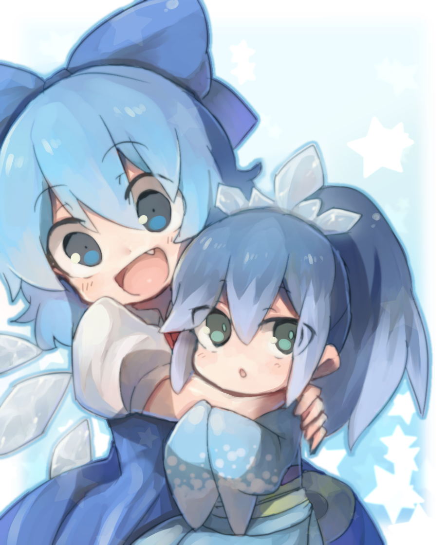 2girls blue_dress blue_eyes blue_hair blush bow cirno crossover dress fang fubukihime green_eyes hair_bow long_hair looking_at_viewer multiple_girls nankai open_mouth ponytail short_hair star touhou wings youkai_watch