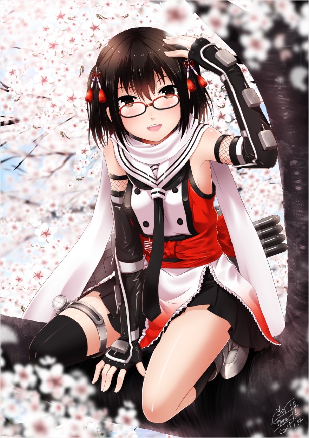 1girl asymmetrical_legwear bare_shoulders bespectacled black_gloves black_legwear black_skirt blurry branch breasts brown-framed_glasses brown_eyes cherry_blossoms depth_of_field elbow_gloves fingerless_gloves glasses gloves go-it hair_ornament hand_on_own_head kantai_collection looking_at_viewer neckerchief obi pleated_skirt sailor_collar sash scarf sendai_(kantai_collection) short_hair single_thighhigh skirt solo squatting thigh-highs two_side_up white_scarf