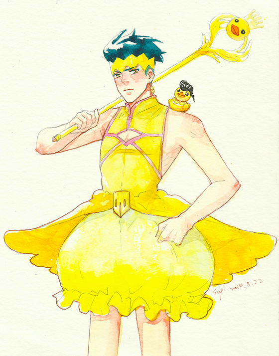 1boy bare_shoulders bird blue_hair bubble_skirt crossdressinging duck earrings headband jewelry jojo_no_kimyou_na_bouken kishibe_rohan magical_girl rubber_duck sagi solo staff traditional_media watercolor_(medium)