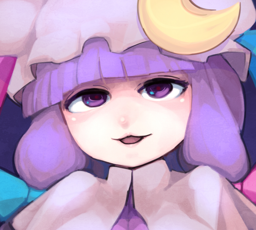 1girl :3 bangs blue_bow blunt_bangs blush bow bust crescent crescent_moon hair_bow hat hospital_king lips long_hair mob_cap moon open_mouth patchouli_knowledge pink_bow purple purple_hair smile solo touhou violet_eyes