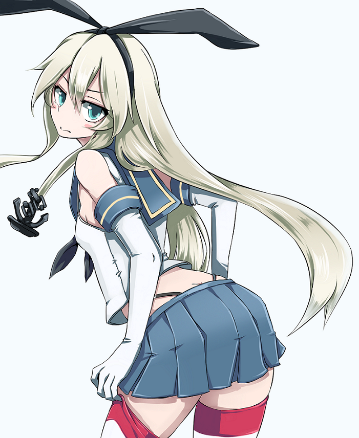 1girl anchor_hair_ornament bare_shoulders black_panties blonde_hair blue_eyes blue_skirt blush elbow_gloves from_behind gloves highleg highleg_panties kantai_collection long_hair looking_at_viewer looking_back miniskirt panties pleated_skirt sailor_collar shimakaze_(kantai_collection) simple_background skirt solo striped striped_legwear tokoi underwear white_background white_gloves