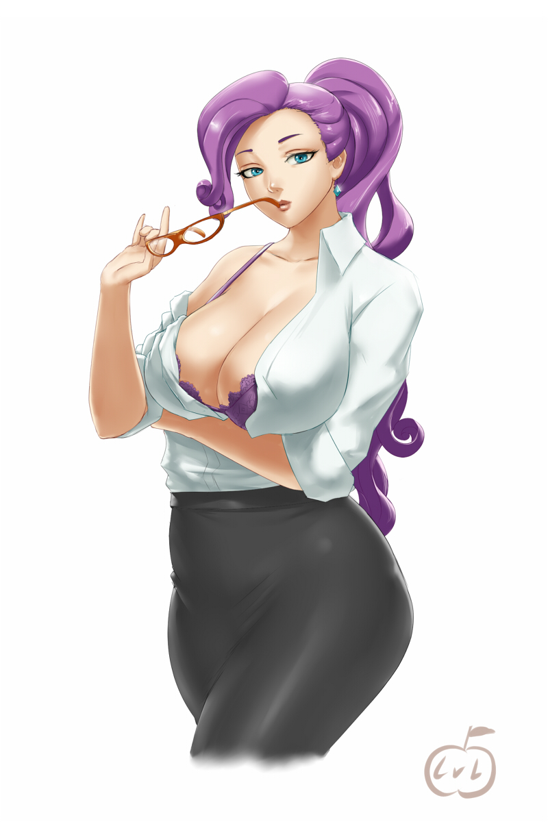 1girl blue_eyes bra breasts cleavage glasses glasses_removed highres humanization large_breasts long_hair looking_at_viewer my_little_pony my_little_pony_friendship_is_magic off_shoulder purple_hair rarity solo underwear