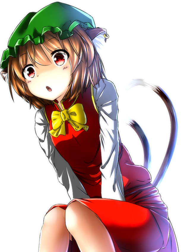 1girl :o animal_ears brown_hair cat_ears cat_tail chen earrings jewelry juji multiple_tails red_eyes shirt short_hair skirt tail touhou two_tails vest