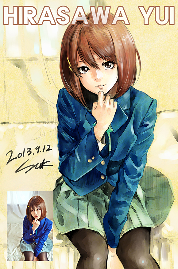 black_legwear brown_eyes brown_hair character_name character_request cosplay hair_between_eyes hair_ornament hairclip hirasawa_yui k-on! lips looking_at_viewer pantyhose pleated_skirt reference_photo reference_work school_uniform seok short_hair sitting skirt