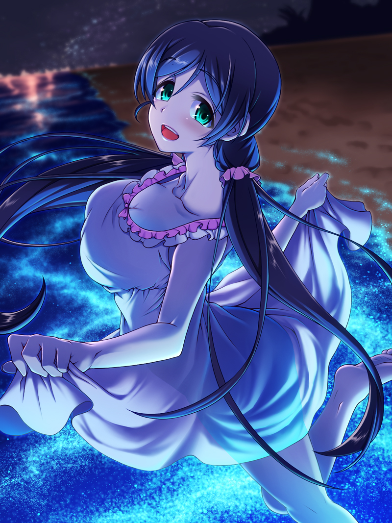 1girl :d aqua_eyes barefoot beach blurry breasts depth_of_field dress dress_lift emanon123 leg_up long_hair looking_at_viewer love_live!_school_idol_project night night_sky open_mouth profile purple_hair sky smile solo sundress toujou_nozomi twintails very_long_hair water white_dress