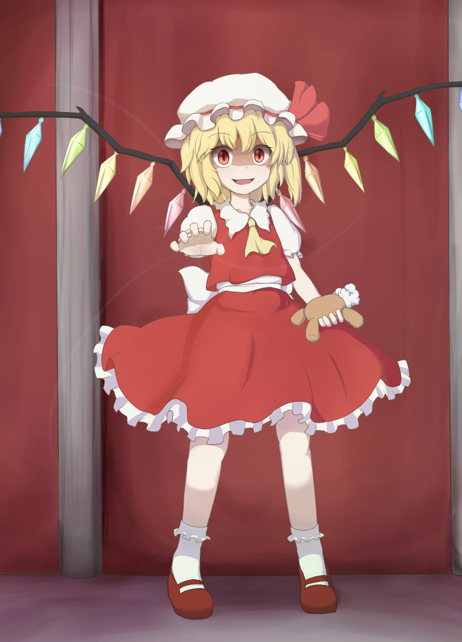 1girl :d blonde_hair broken decapitated evil evil_smile flandre_scarlet frilled_skirt frills highres looking_at_viewer mob_cap nikori open_mouth red_eyes short_hair skirt smile stuffed_animal stuffed_toy teddy_bear touhou vest wings you_gonna_get_raped