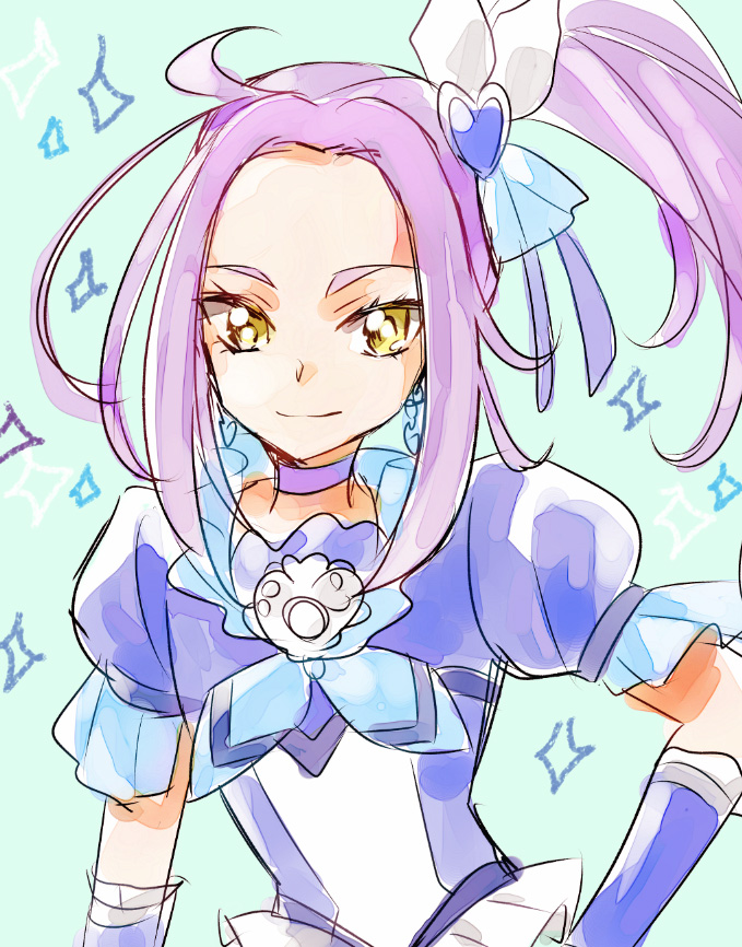 1girl ahoge blue blue_background blue_dress choker cure_beat detached_sleeves dress earrings eyelashes hair_ornament happy heart heart_hair_ornament jewelry kurochiroko kurokawa_eren long_hair looking_at_viewer magical_girl ponytail precure puffy_sleeves purple_hair seiren_(suite_precure) side_ponytail sketch smile solo standing suite_precure wrist_cuffs yellow_eyes