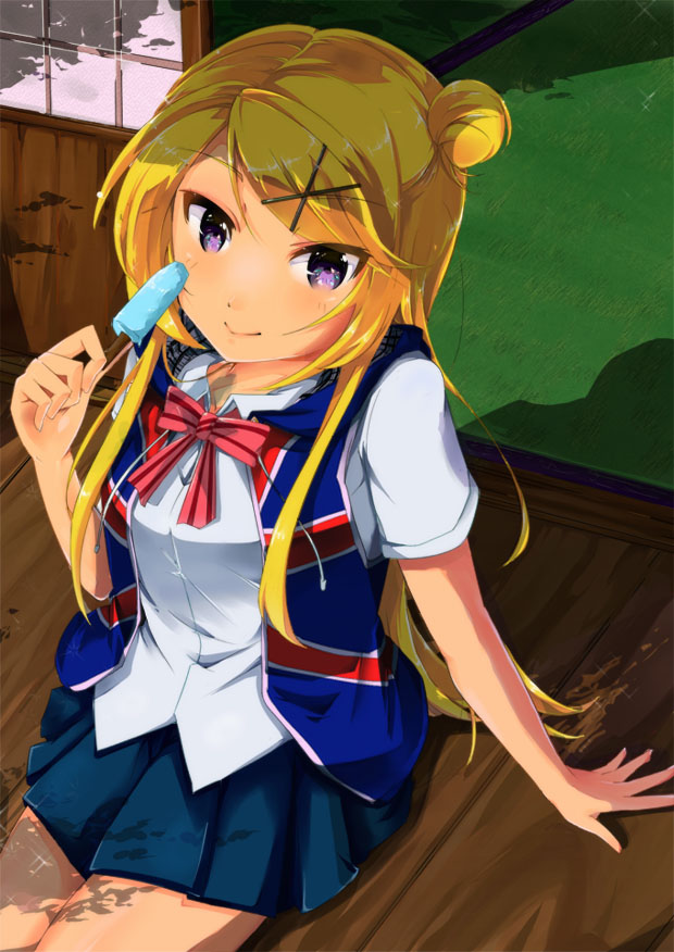 1girl arm_support blonde_hair bowtie from_above futsuka_(two_days_ago) hair_bun hair_ornament hairclip holding kin'iro_mosaic kujou_karen long_hair looking_at_viewer looking_up pleated_skirt popsicle sitting skirt smile solo vest violet_eyes