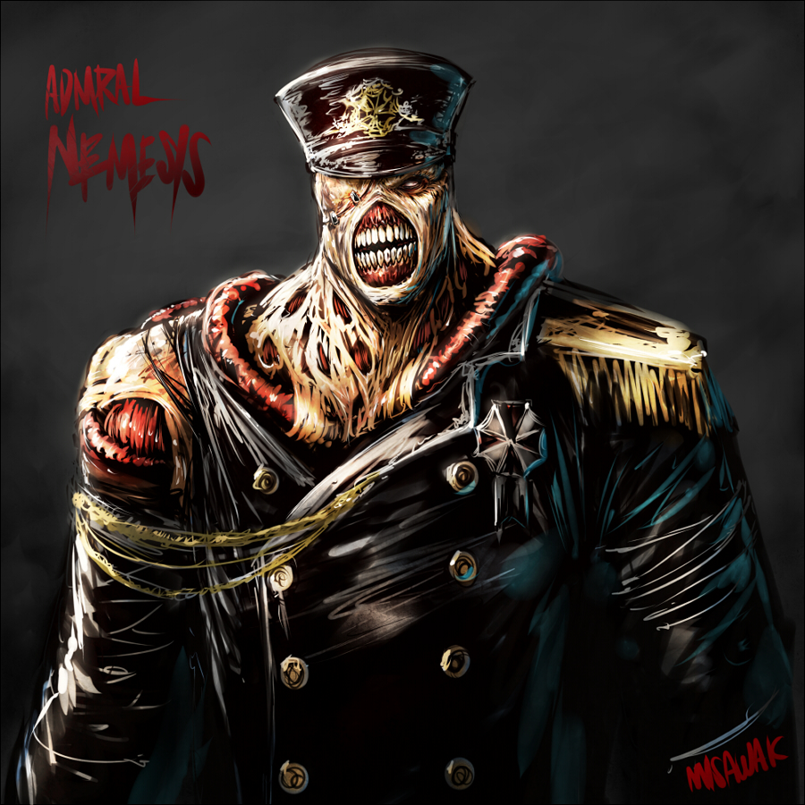 &lt;ro 1boy admiral_(kantai_collection) alternate_costume character_name crossover exposed_muscle hat kantai_collection military military_uniform naval_uniform nemesis peaked_cap resident_evil signature teeth uniform