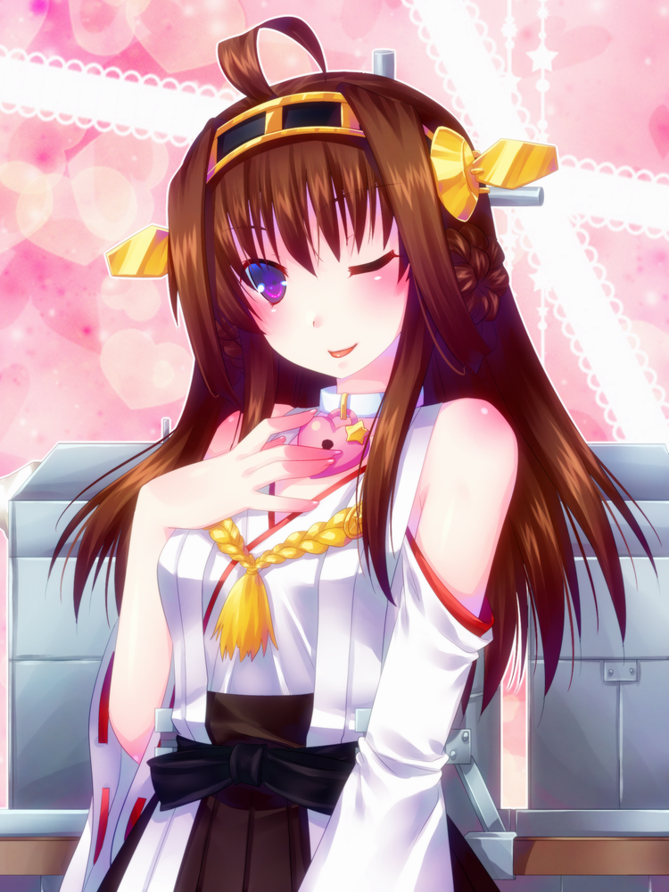 1girl :p ahoge brown_hair detached_sleeves door_to_heaven hairband heart japanese_clothes kantai_collection kongou_(kantai_collection) lock long_hair looking_at_viewer machinery nontraditional_miko one_eye_closed solo star tongue tongue_out turret violet_eyes wide_sleeves