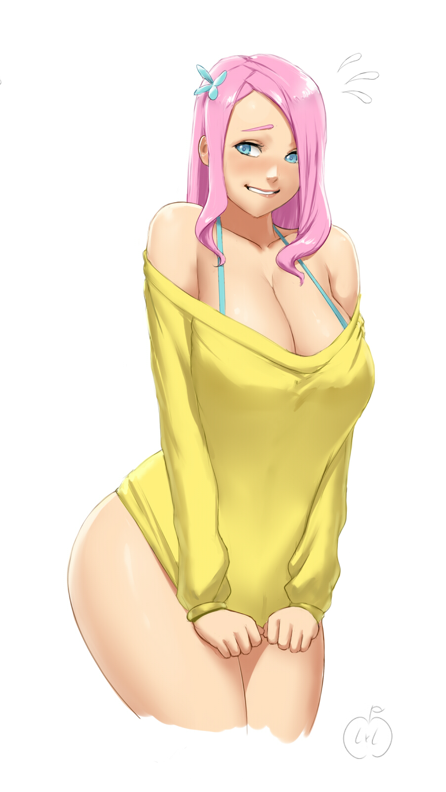 1girl ass bare_shoulders biting_lips blue_eyes blush breasts cleavage fluttershy highres humanization large_breasts long_hair looking_at_viewer my_little_pony my_little_pony_friendship_is_magic off_shoulder pink_hair shy solo sweatdrop sweater