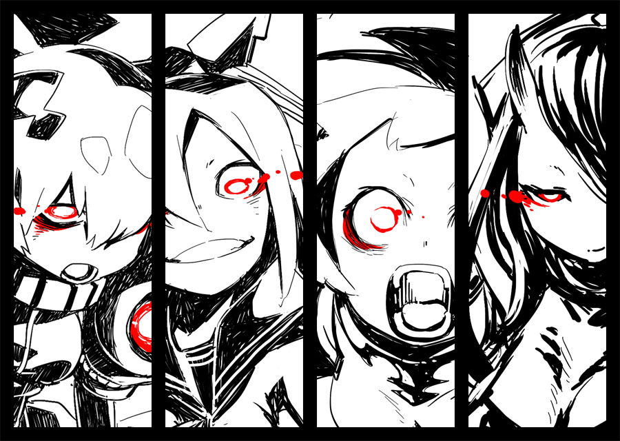 4girls airfield_hime anchorage_oni armored_aircraft_carrier_hime battleship-symbiotic_hime border breasts cleavage crazy_eyes crazy_smile glowing glowing_eye hair_ornament hair_over_one_eye horns kantai_collection long_hair looking_at_viewer monochrome multiple_girls open_mouth red_eyes sailor_collar screaming shinkaisei-kan smile spot_color squemezzo teeth wide-eyed