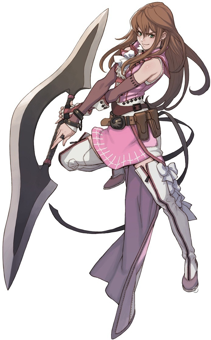 1girl belt boots bracelet brown_hair detached_sleeves earrings fujisaka_kimihiko green_eyes jewelry morte_ashera ring thigh-highs thigh_boots utility_belt weapon world_destruction