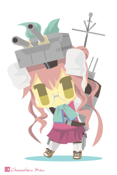 1girl carrying chameleon_man_(three) chibi glasses hair_bun hands_up kantai_collection long_hair looking_at_viewer machinery makigumo_(kantai_collection) pink_hair pleated_skirt school_uniform skirt sleeves_past_wrists solo turret twintails yellow_eyes