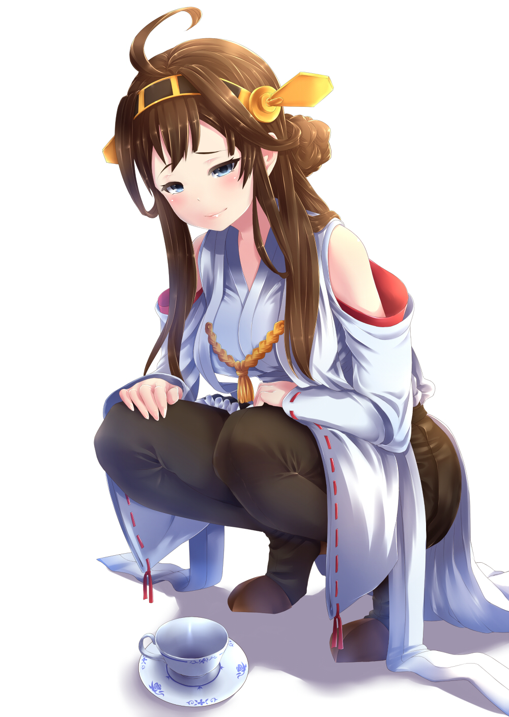 1girl ahoge amatelas black_legwear blue_eyes blush boots breasts brown_hair cup detached_sleeves hair_bun half-closed_eyes headgear highres kantai_collection kongou_(kantai_collection) lips nontraditional_miko saucer skirt solo teacup thigh-highs thigh_boots white_background