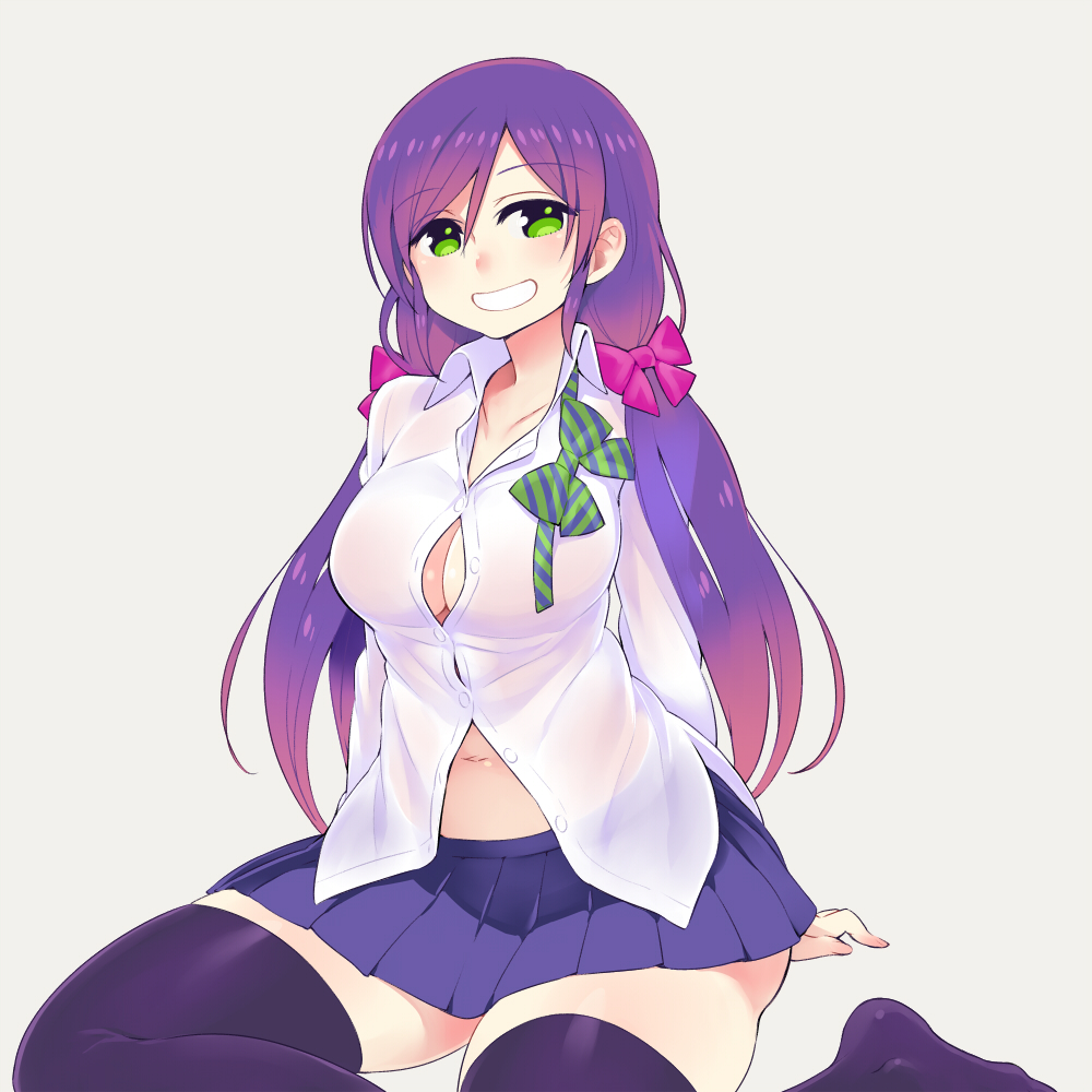 1girl black_legwear blush bow breasts chan_co cleavage collarbone dress_shirt green_eyes hair_bow large_breasts long_hair looking_at_viewer love_live!_school_idol_project low_twintails navel purple_hair school_uniform shirt simple_background skirt smile solo thigh-highs toujou_nozomi twintails zettai_ryouiki