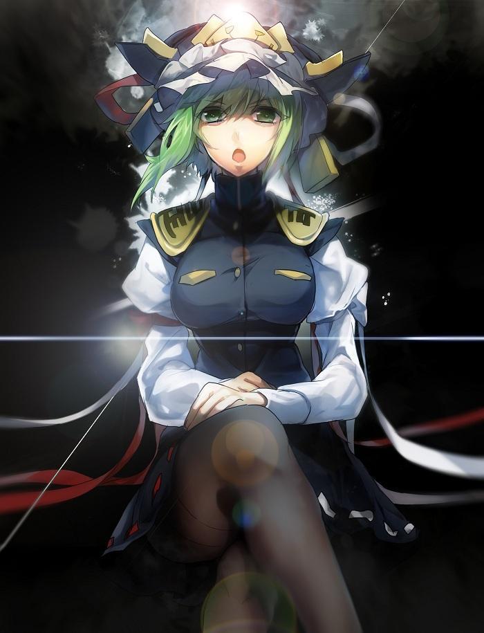 1girl asymmetrical_hair black_background black_legwear crossed_legs green_eyes green_hair hat hat_ribbon juliet_sleeves long_sleeves looking_at_viewer no-kan open_mouth pantyhose puffy_sleeves ribbon shikieiki_yamaxanadu shirt short_hair simple_background sitting skirt skirt_set solo touhou turtleneck vest