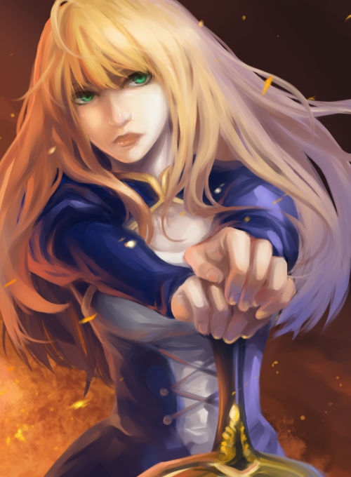 1girl ahoge blonde_hair excalibur fate/stay_night fate_(series) green_eyes hair_down long_hair mr.jj planted_sword planted_weapon saber solo sword weapon