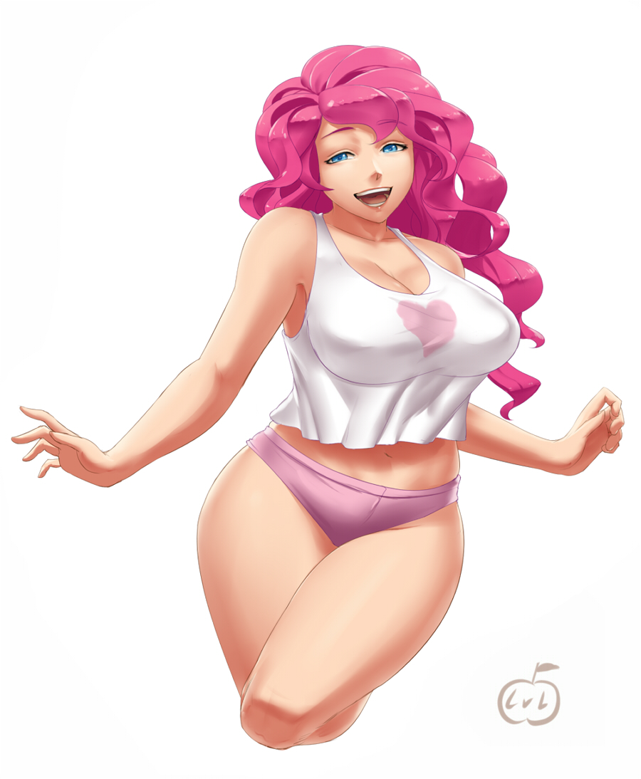 1girl bare_shoulders blue_eyes blush breasts cleavage humanization large_breasts long_hair looking_at_viewer midriff my_little_pony my_little_pony_friendship_is_magic open_mouth pink_hair pinkie_pie tank_top