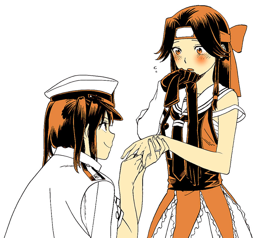2girls admiral_(kantai_collection) admiral_(kantai_collection)_(cosplay) blush brown_eyes brown_hair cosplay elbow_gloves gloves gloves_removed hat jewelry jintsuu_(kantai_collection) kantai_collection kneeling long_hair military military_uniform mori_(unknown.) multiple_girls naval_uniform ring school_uniform sendai_(kantai_collection) short_hair smile two_side_up uniform