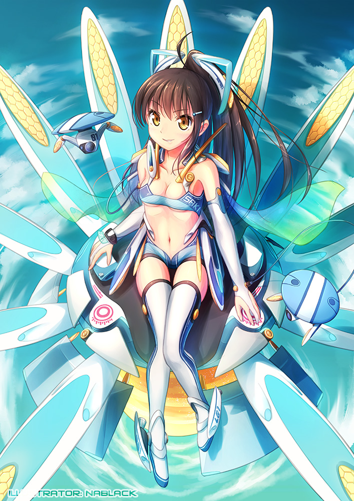1girl artist_name bare_shoulders blue_background blue_clothes breasts bridal_gauntlets brown_hair cape cleavage hair_ornament hairclip kuro-kun_(nablack) lights looking_at_viewer mecha_musume navel orange_clothes original robot science_fiction sitting sky smile solo thigh-highs tubetop white_clothes white_legwear yellow_eyes