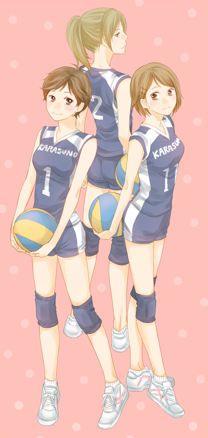 3girls aya_(haikyuu!!) brown_hair haikyuu!! highres long_hair michimiya_yui multiple_girls ponytail sasago short_hair sportswear volleyball