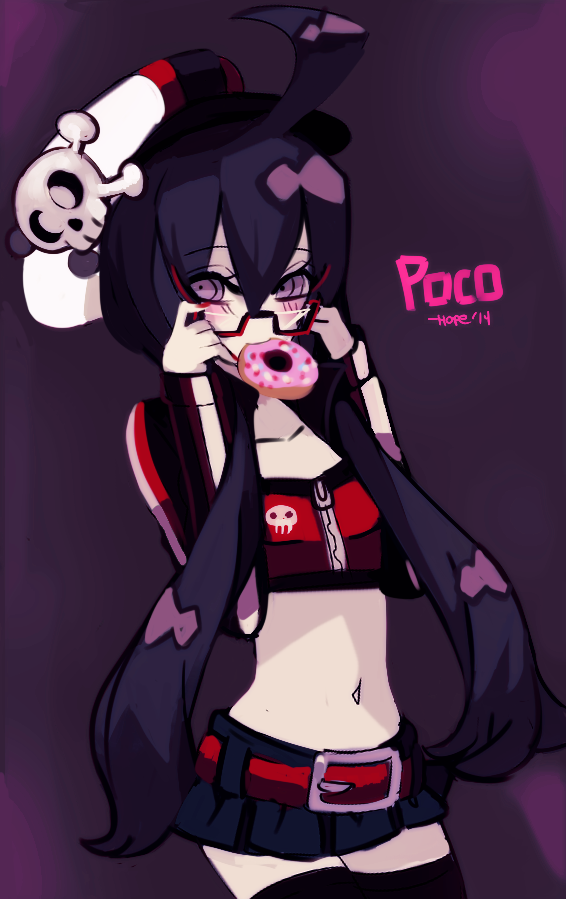 1girl adjusting_glasses ahoge bespectacled black_hair blue_(hopebiscuit) blush doughnut fearless_night flat_chest food_in_mouth glasses huge_ahoge long_hair low_twintails midriff miniskirt mouth_hold navel pale_skin poco_muerte red-framed_glasses ringed_eyes semi-rimless_glasses skirt skull solo thigh-highs twintails under-rim_glasses violet_eyes zipper