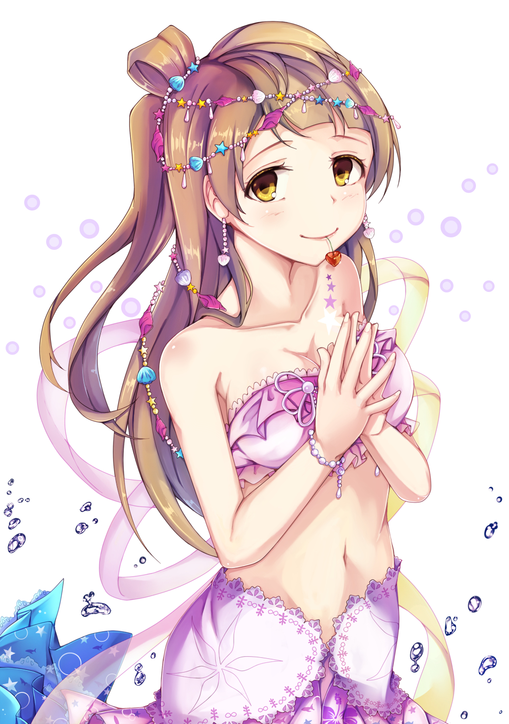 1girl bikini blush brown_hair cherry earrings food fruit jewelry kalian long_hair love_live!_school_idol_project mermaid minami_kotori navel shell side_ponytail smile solo star tattoo yellow_eyes