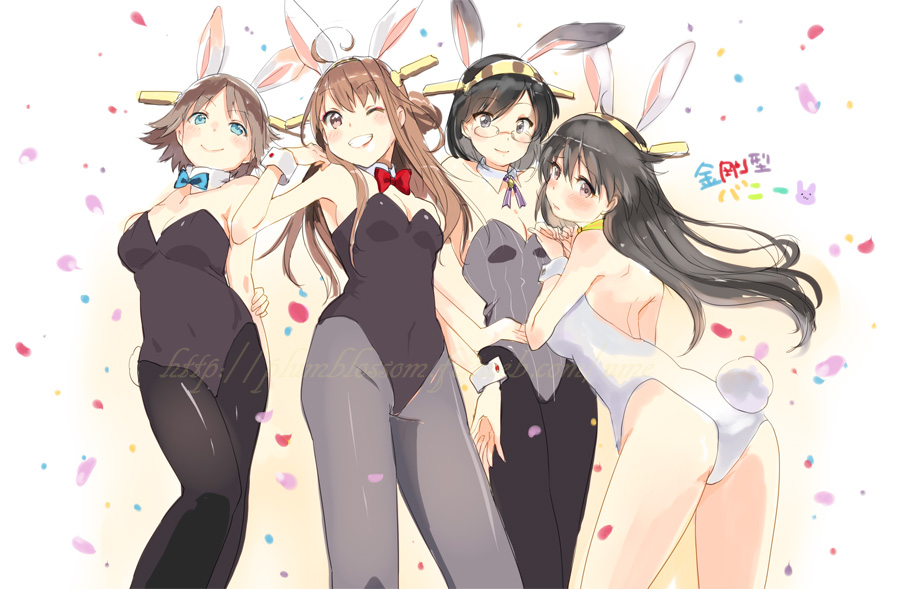 4girls animal_ears bare_shoulders black_hair blush bowtie breasts brown_hair bunny_tail bunnysuit cleavage detached_collar female glasses grin hairband haruna_(kantai_collection) hiei_(kantai_collection) kantai_collection kirishima_(kantai_collection) kongou_(kantai_collection) leotard long_hair looking_at_viewer looking_back multiple_girls odd_one_out one_eye_closed pantyhose rabbit_ears short_hair smile tail ume_(plumblossom) watermark web_address wrist_cuffs