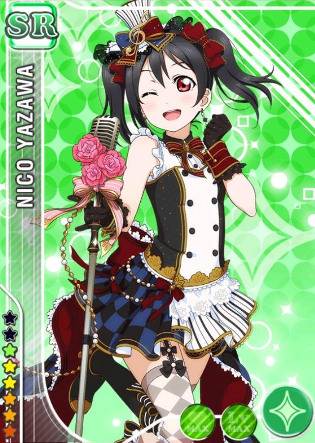 1girl black_gloves black_hair blush character_name dress earrings flower gloves happy hat jewelry long_hair love_live!_school_idol_project microphone official_art open_mouth red_eyes ribbon rose smile solo thighhighs twintails wink yazawa_nico