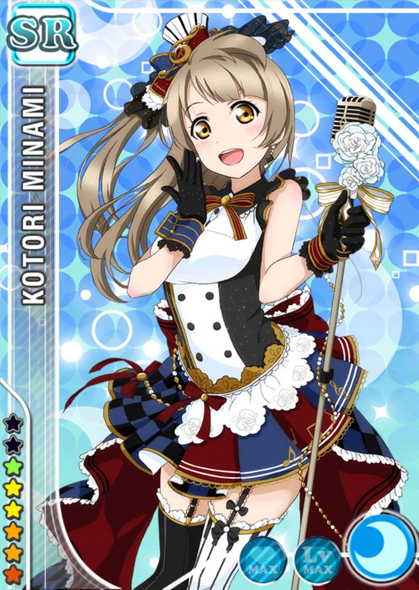 1girl black_gloves blush brown_hair character_name dress earrings flower gloves happy hat jewelry long_hair love_live!_school_idol_project microphone minami_kotori mismatched_legwear official_art open_mouth ribbon side_ponytail smile solo thighhighs wrist_cuffs yellow_eyes