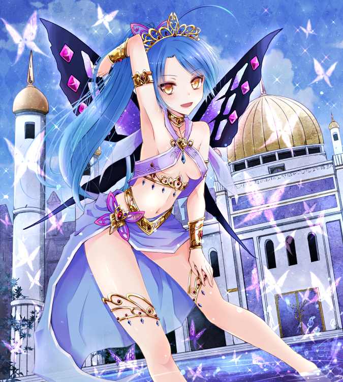 1girl :d bent_over blue_hair breasts brown_eyes building butterfly_wings kay_(utd) long_hair looking_at_viewer navel open_mouth original ponytail smile solo tiara under_boob wings