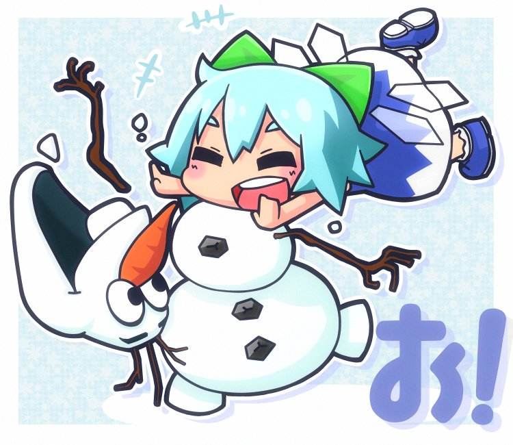 1girl :d blue_hair bow cirno closed_eyes crossover frozen_(disney) hair_bow hair_ribbon olaf_(frozen) open_mouth ribbon short_hair shouningyou smile snowman touhou translation_request wings