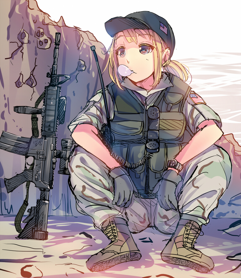 1girl american_flag assault_rifle blonde_hair blue_eyes blush boots bubble_blowing bubblegum camouflage combat_boots daito gloves gun hat laser_sight load_bearing_vest m4_carbine military military_uniform original ponytail radio rifle scope short_hair short_sleeves sitting sling solo uniform vertical_foregrip wall watch weapon