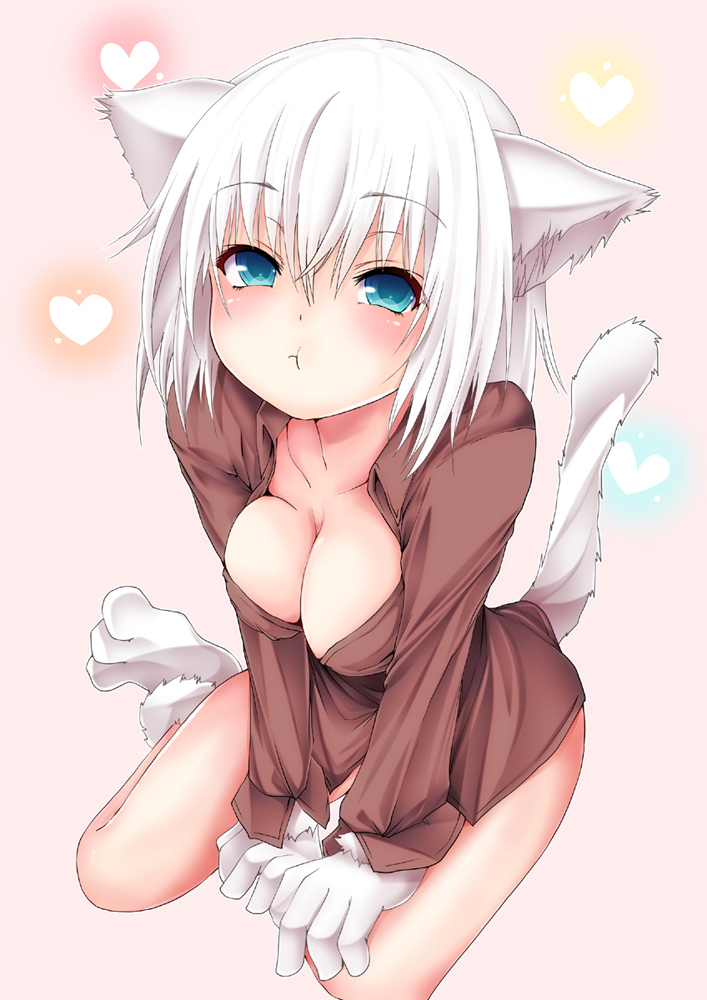 1girl :t animal_ears blue_eyes breasts cat_ears cat_girl cat_tail cleavage looking_at_viewer ma-yu original solo tail white_hair