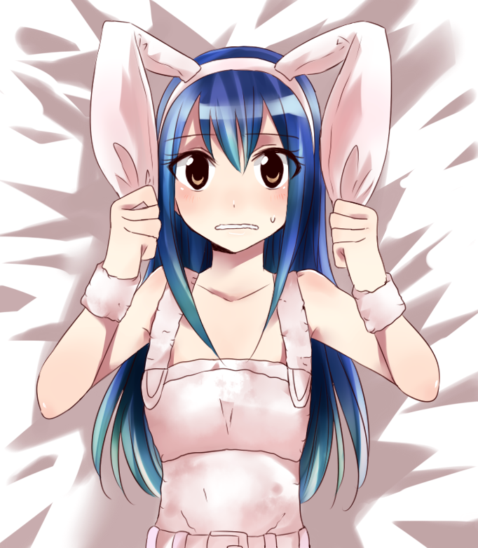 1girl animal_ears bed_sheet blue_hair blush brown_eyes fairy_tail fake_animal_ears getsuyoubi long_hair looking_at_viewer rabbit_ears solo wendy_marvell