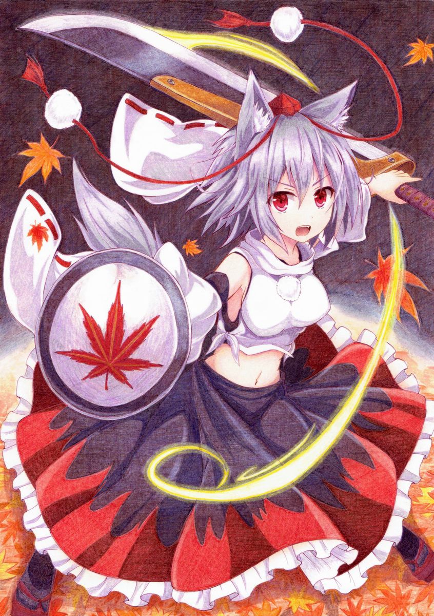 1girl animal_ears autumn_leaves colored_pencil_(medium) detached_sleeves highres inubashiri_momiji kittona long_sleeves looking_at_viewer midriff millipen_(medium) navel open_mouth red_eyes shield shirt silver_hair skirt slashing solo sword tail touhou traditional_media watercolor_pencil_(medium) weapon wide_sleeves wolf_ears wolf_tail