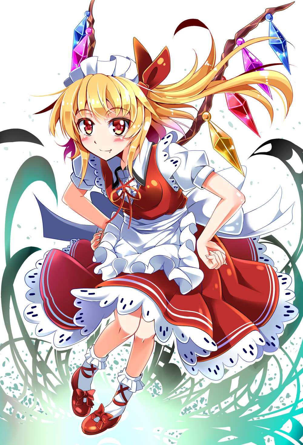 blonde_hair dress flandre_scarlet hat long_hair red_eyes side_ponytail touhou