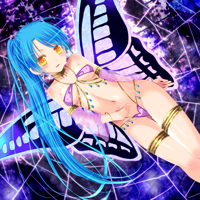 1girl blue_hair breasts butterfly_wings dutch_angle fairy kay_(utd) leaning_forward long_hair looking_at_viewer navel original ponytail solo under_boob wings yellow_eyes