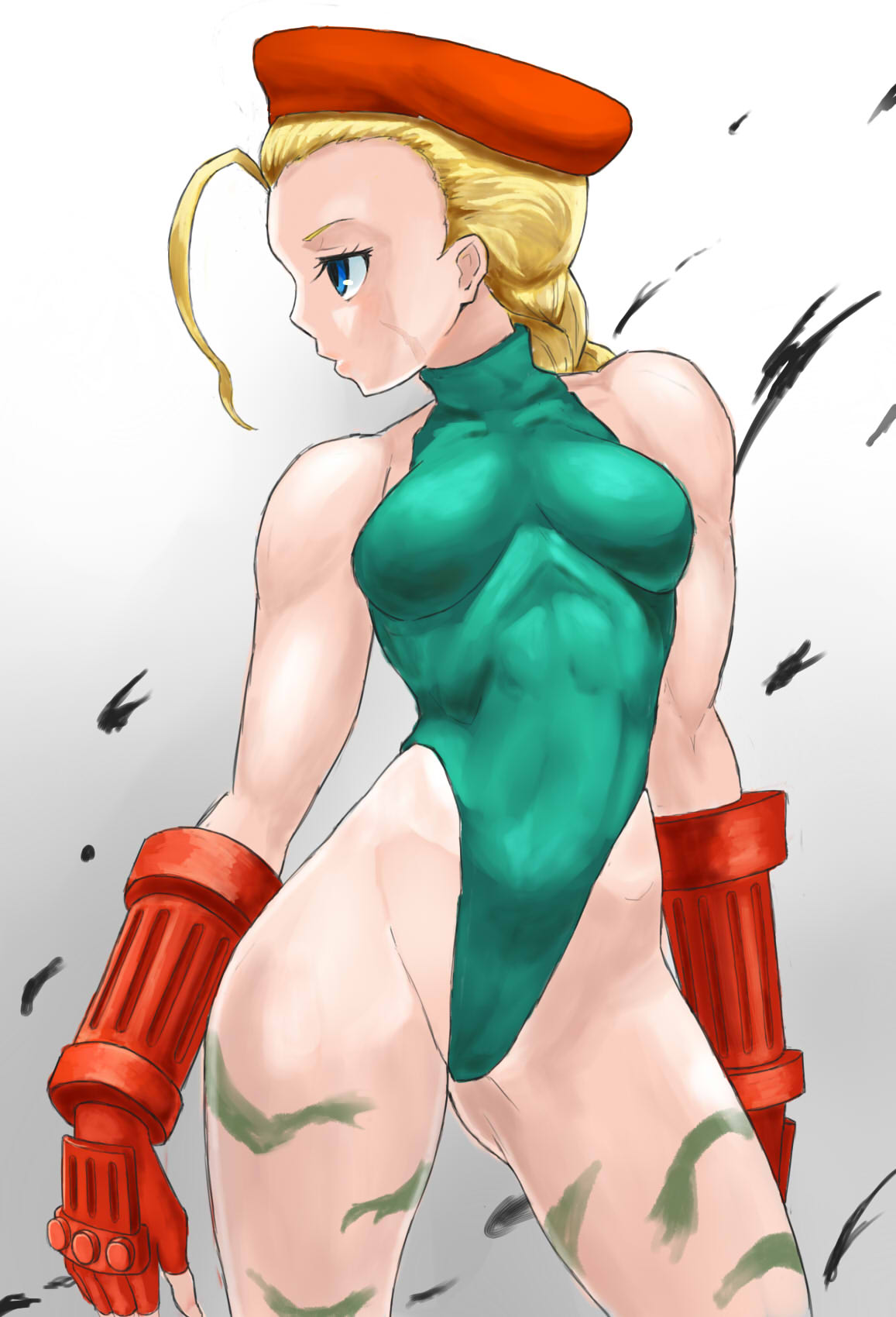 1girl beret blonde_hair blue_eyes braid cammy_white fingerless_gloves gloves hat highres leotard long_hair okitsugu scar street_fighter