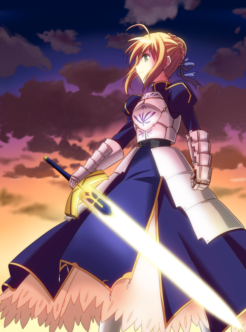 1girl ahoge armor armored_dress blonde_hair dress excalibur fate/stay_night fate_(series) gauntlets glowing glowing_sword glowing_weapon green_eyes hair_ribbon ribbon rimibure saber weapon