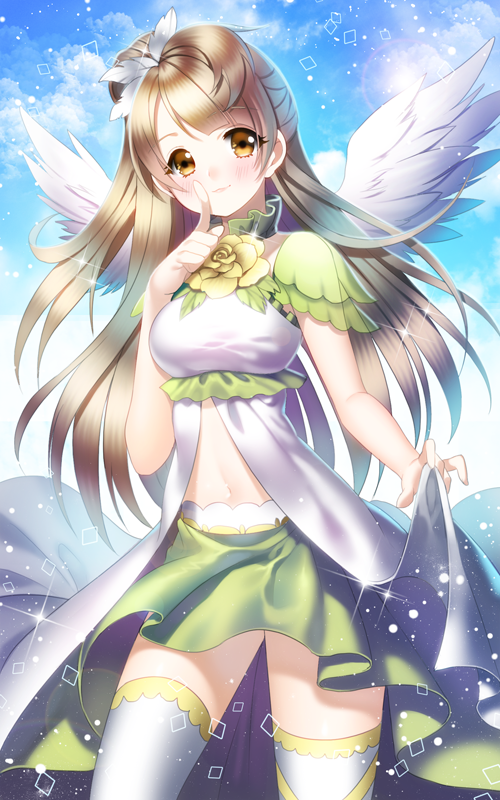 1girl aile_(crossroads) blush brown_hair flower long_hair love_live!_school_idol_project midriff minami_kotori navel one_side_up skirt sky smile solo thighhighs wings yellow_eyes