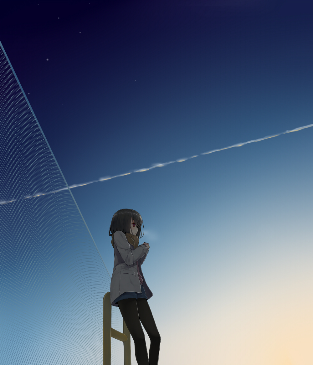 1girl against_railing bangs black_hair black_legwear breath canned_coffee chain-link_fence coat condensation_trail dusk from_below holding long_hair original pantyhose profile red_eyes scarf shorts sky solo standing star_(sky) steam uttt