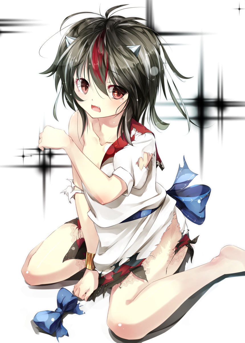 1girl black_hair collarbone covering covering_breasts fang gorilla_(bun0615) highres horns kijin_seija looking_at_viewer multicolored_hair open_mouth red_eyes sitting solo tears torn_clothes touhou two-tone_hair wavy_mouth