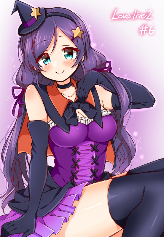 1girl blush breasts dress elbow_gloves gloves green_eyes hat long_hair looking_at_viewer love_live!_school_idol_project purple_hair smile solo toujou_nozomi tsukudani_norio twintails witch_hat