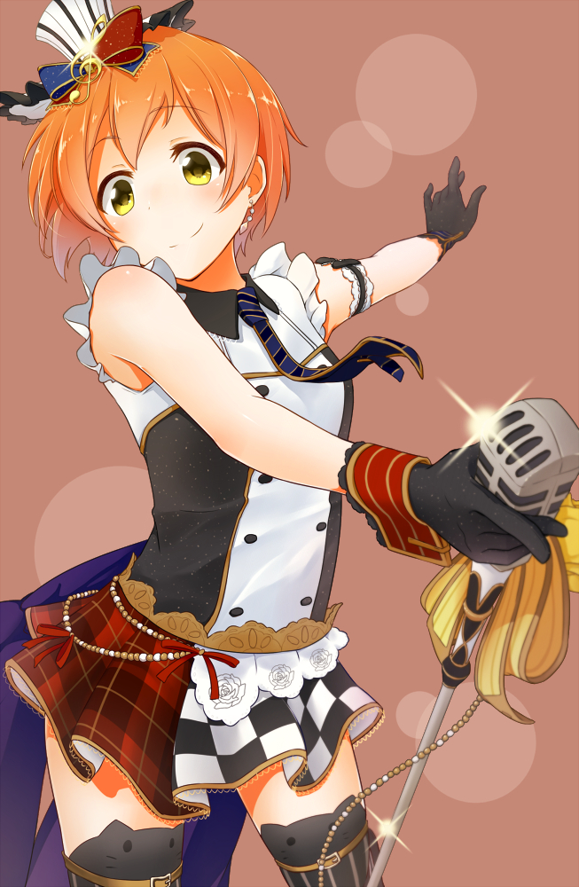 1girl awara black_gloves blush dress earrings gloves hat hoshizora_rin jewelry love_live!_school_idol_project microphone orange_hair short_hair simple_background smile solo thighhighs wrist_cuffs yellow_eyes