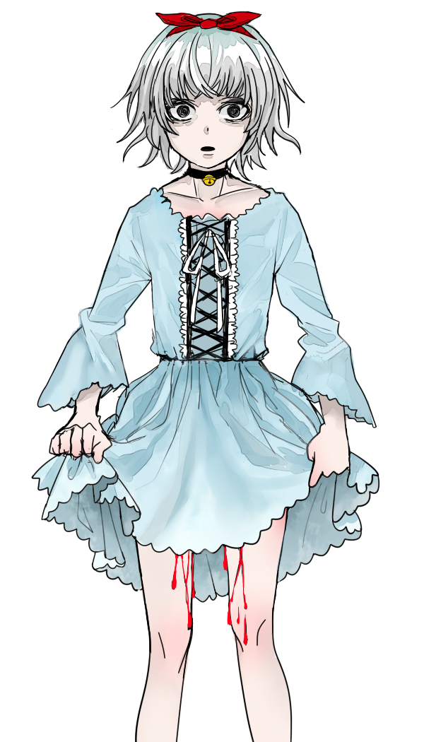1boy black_eyes blood bloody_stream bow castration child choker dress hair_bow hair_ornament open_mouth short_hair skirt skirt_lift solo spoilers suzuya_juzo tokyo_ghoul trap white_hair young