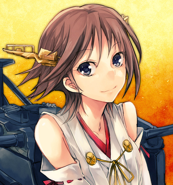 1girl ang bare_shoulders blue_eyes brown_hair bust collarbone detached_sleeves headgear hiei_(kantai_collection) kantai_collection looking_at_viewer machinery nontraditional_miko short_hair smile solo turret