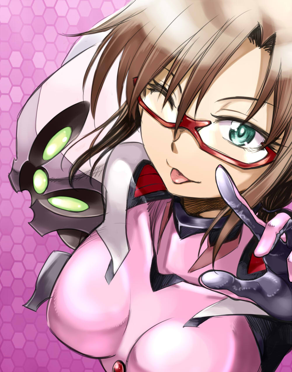 1girl breasts brown_hair bust glasses green_eyes highres large_breasts looking_at_viewer makinami_mari_illustrious neon_genesis_evangelion one_eye_closed osusitan plugsuit rebuild_of_evangelion red-framed_glasses solo tongue tongue_out